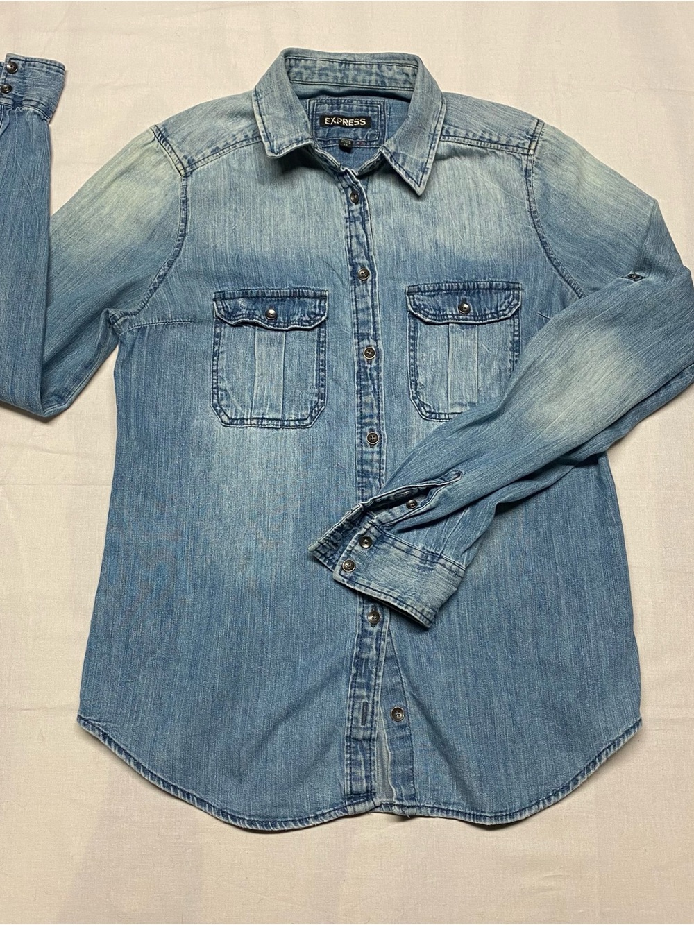 Express women Light Wash Denim Button-Down Shirt